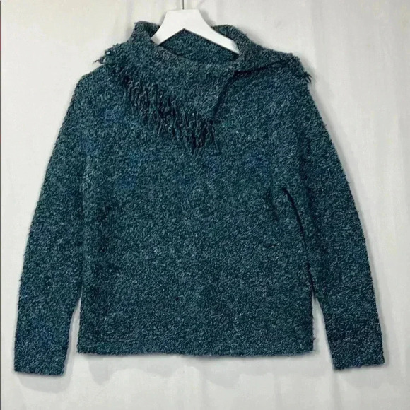 Karen Scott Sport Womens Sweater PM Marled Blue Tneck Split Neck w/ Fringe EUC - Picture 1 of 11